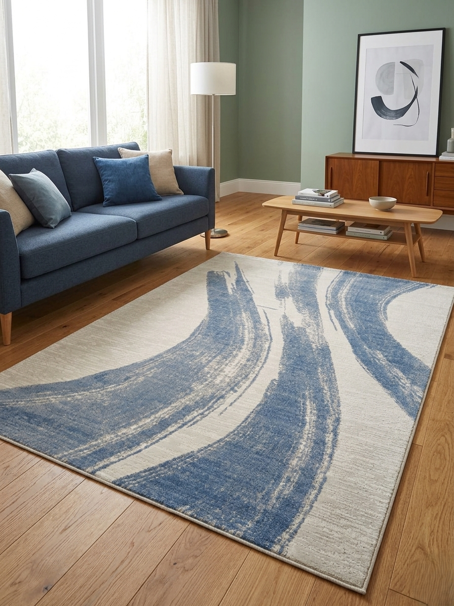 Krémszínű szőnyeg absztrakt kék ecsetvonásmintával egy modern nappaliban